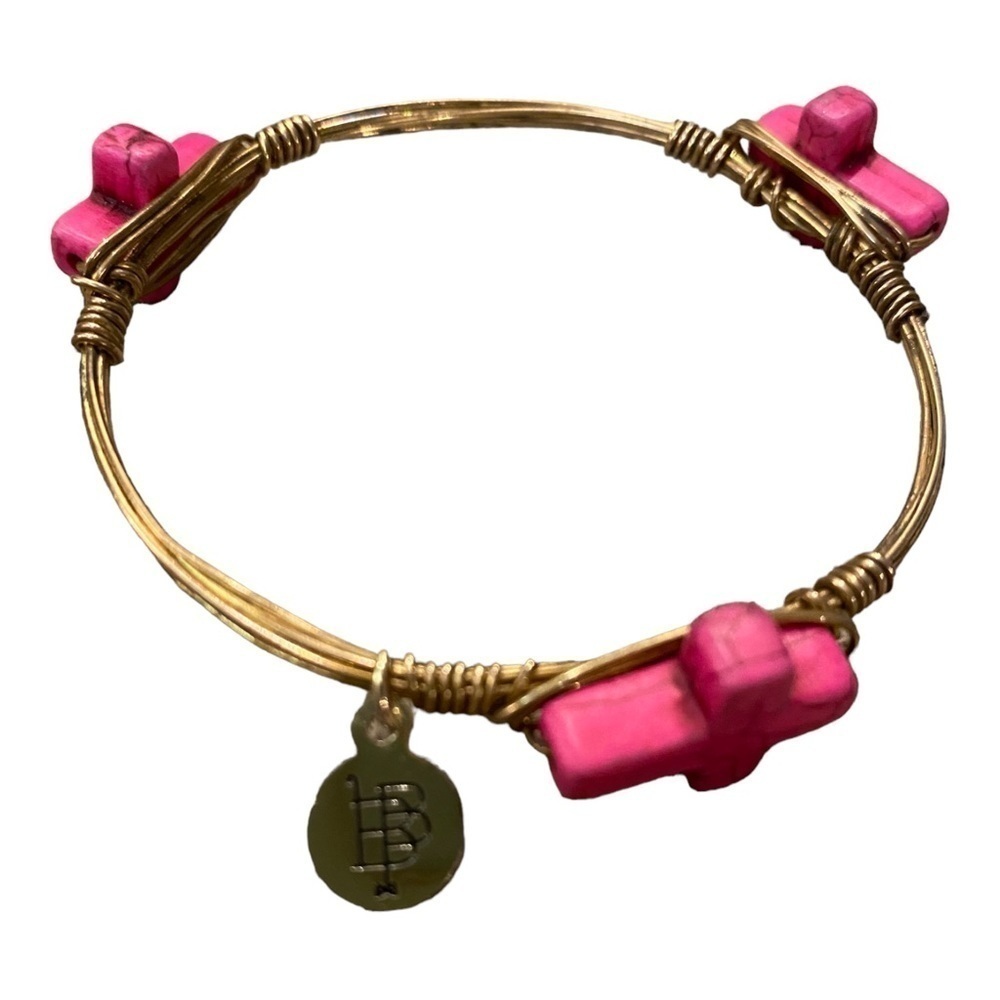 𝅺bourbon and Boweties Bangle Bracelet Gold Tone Wire and Pink Crosses